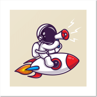 Astronaut Riding Rocket With Speaker Cartoon Posters and Art